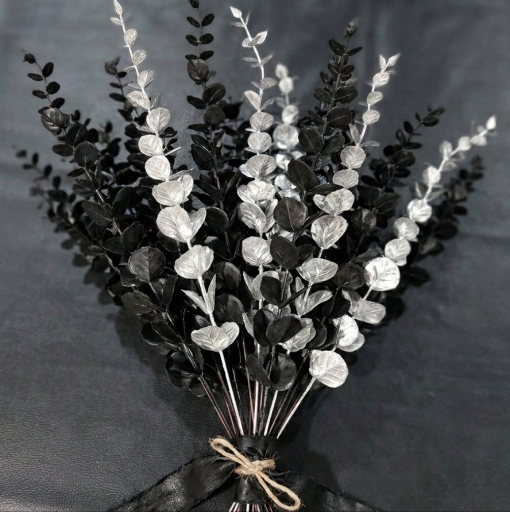 Set of 15 Faux Eucalyptus Stems - 10 Black & 5 Silver - 15" Tall Modern Decor
